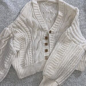 Cream/Off-White Cable Knit Cardigan with Puffy Sleeves
